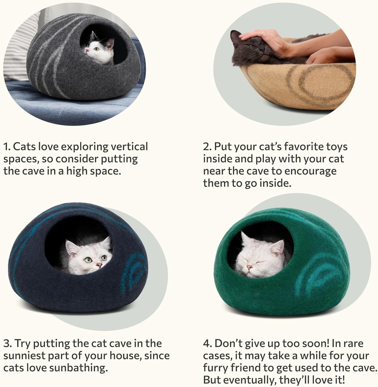 Premium Felt Cat Bed Cave - Handmade 100% Merino Wool Bed for Cats and Kittens (Light Shades) (Large, Light Grey)