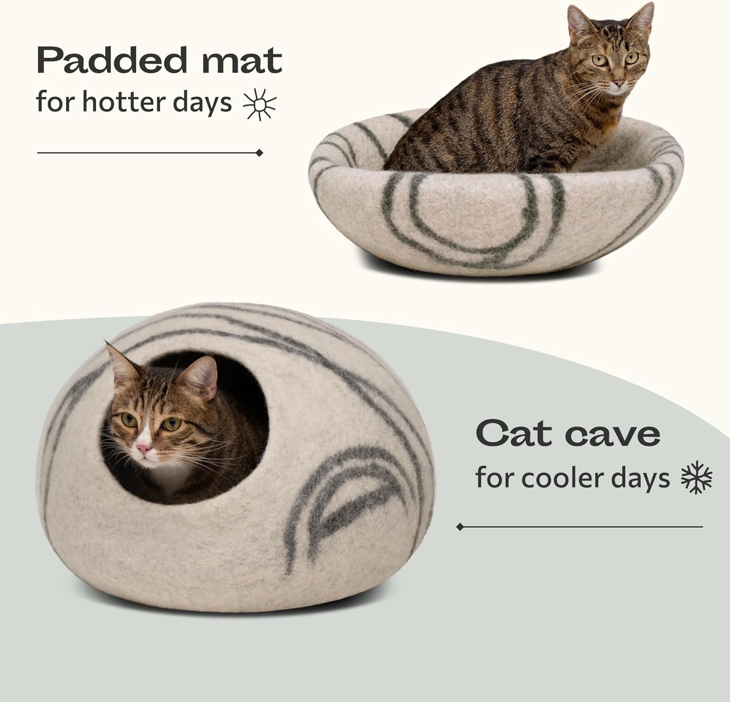 Premium Felt Cat Bed Cave - Handmade 100% Merino Wool Bed for Cats and Kittens (Light Shades) (Large, Light Grey)