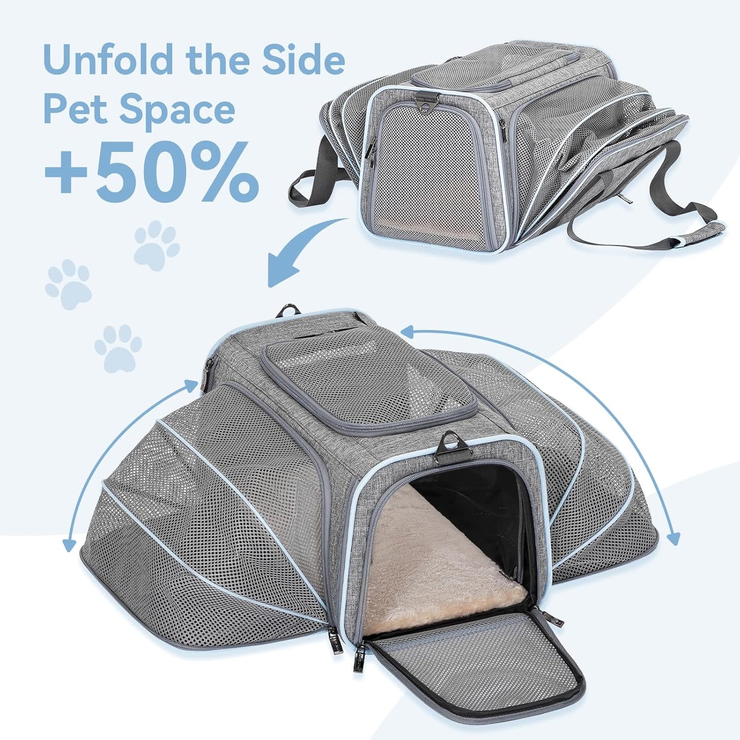 Expandable Cat Carriers Airline Approved, 16"X10"X9" Small Dog Carrier Soft-Sided Portable Washable Pet Travel Carrier with Two Extension for Kitten,Rabbit, Puppy, Small Animal