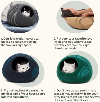 Premium Felt Cat Bed Cave - Handmade 100% Merino Wool Bed for Cats and Kittens (Light Shades) (Large, Light Grey)