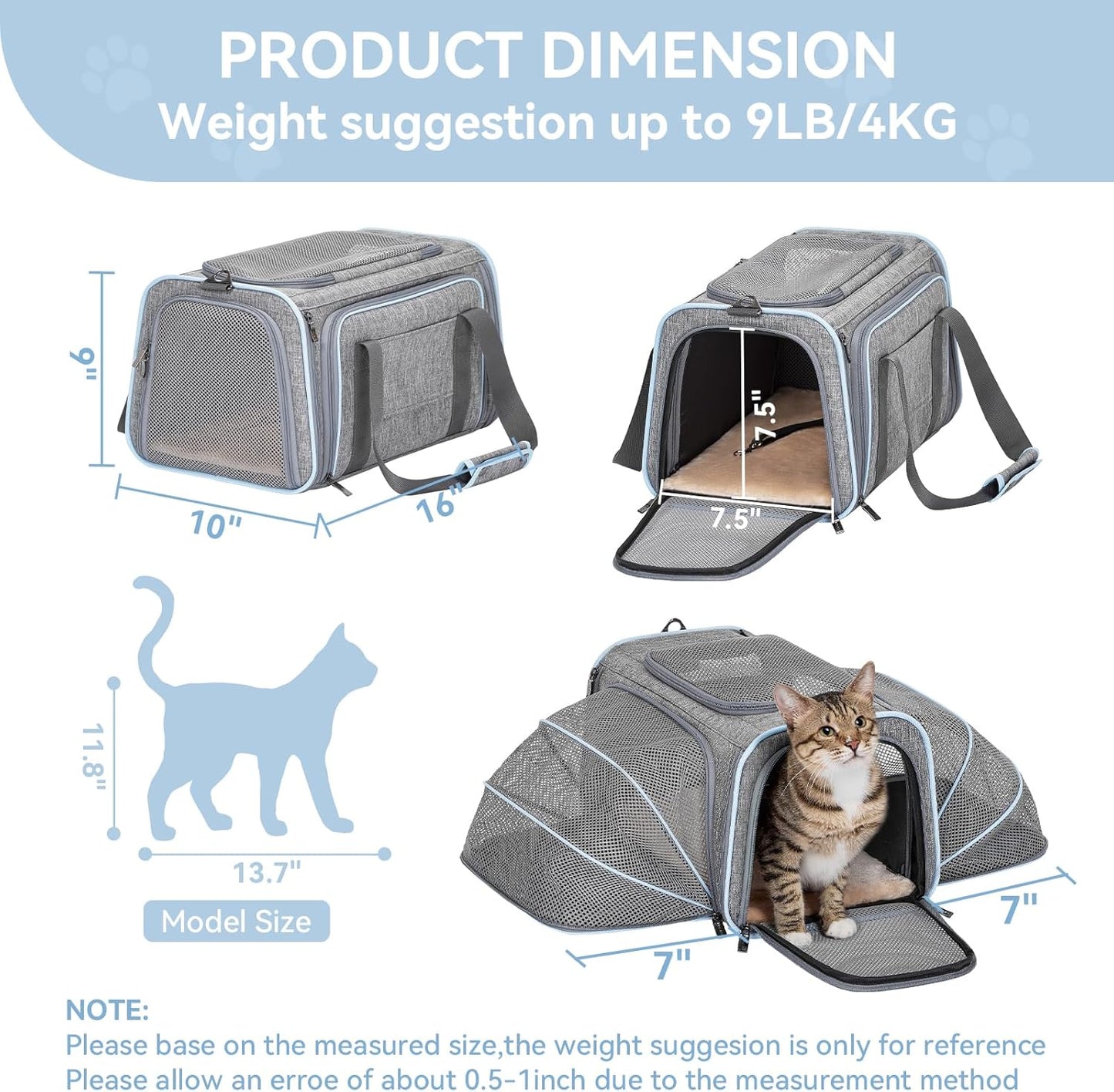 Expandable Cat Carriers Airline Approved, 16"X10"X9" Small Dog Carrier Soft-Sided Portable Washable Pet Travel Carrier with Two Extension for Kitten,Rabbit, Puppy, Small Animal