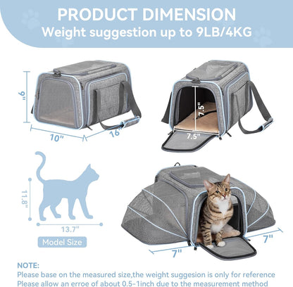 Expandable Cat Carriers Airline Approved, 16"X10"X9" Small Dog Carrier Soft-Sided Portable Washable Pet Travel Carrier with Two Extension for Kitten,Rabbit, Puppy, Small Animal