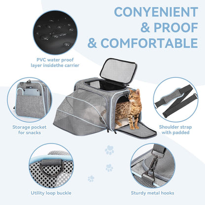 Expandable Cat Carriers Airline Approved, 16"X10"X9" Small Dog Carrier Soft-Sided Portable Washable Pet Travel Carrier with Two Extension for Kitten,Rabbit, Puppy, Small Animal
